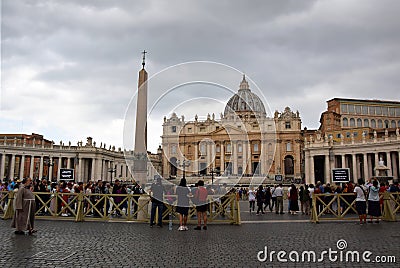 Vatican Obelisk, Maderno Fountain, BerniniÂ´s Colonnade and Saint PeterÂ´s Basilica on the Saint PeterÂ´s Square in the city of Ro Editorial Stock Photo